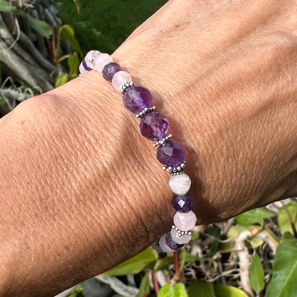 Amethyst & Rose Quartz purple pink faceted Sterling Silver Handmade Bracelet